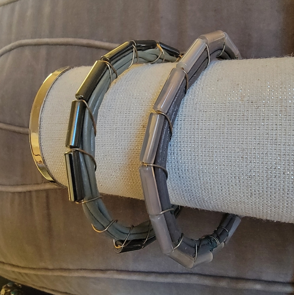 Set of wire wrapped stones and vegan leather bangle bracelets
